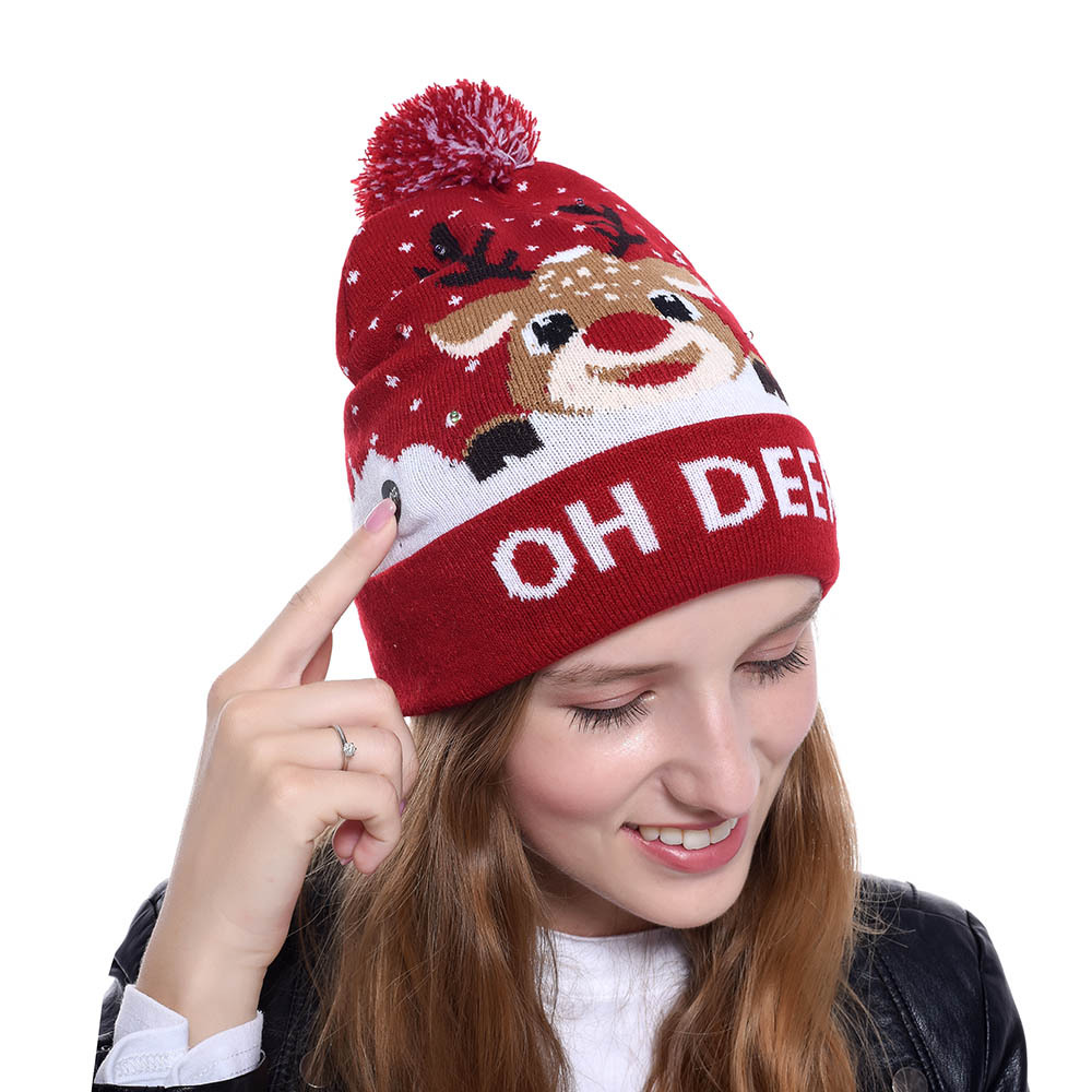 2019 new Christmas flanged knitted hat with ball band LED colorful lights adult children Halloween decorative hat full figure