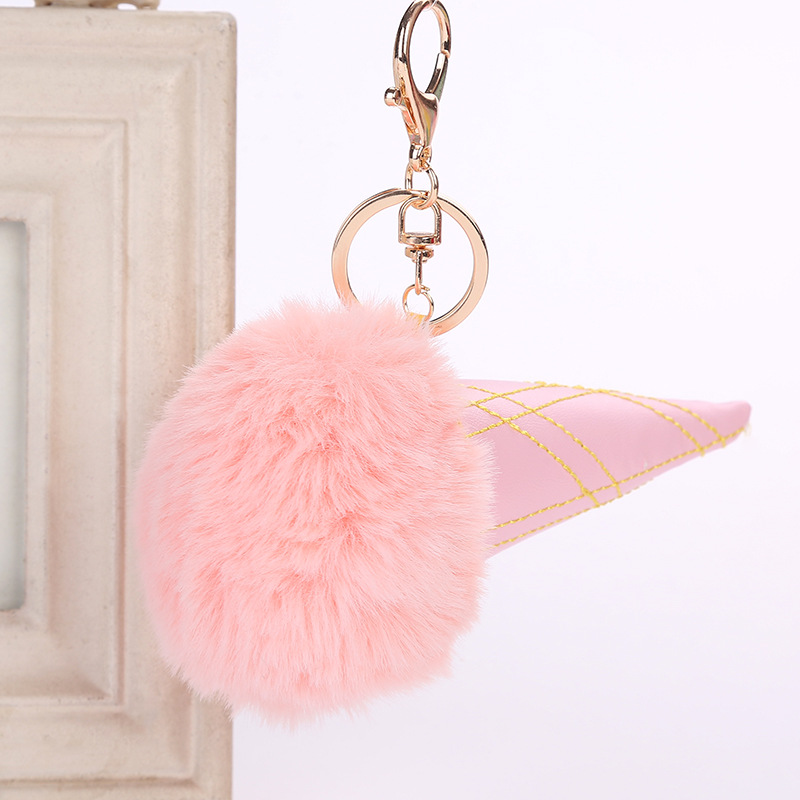 PU Ice Cream Hairball Keychain Women's Fur hairball pendant Sweet cone Hairball pendant bag accessory Specification drawing