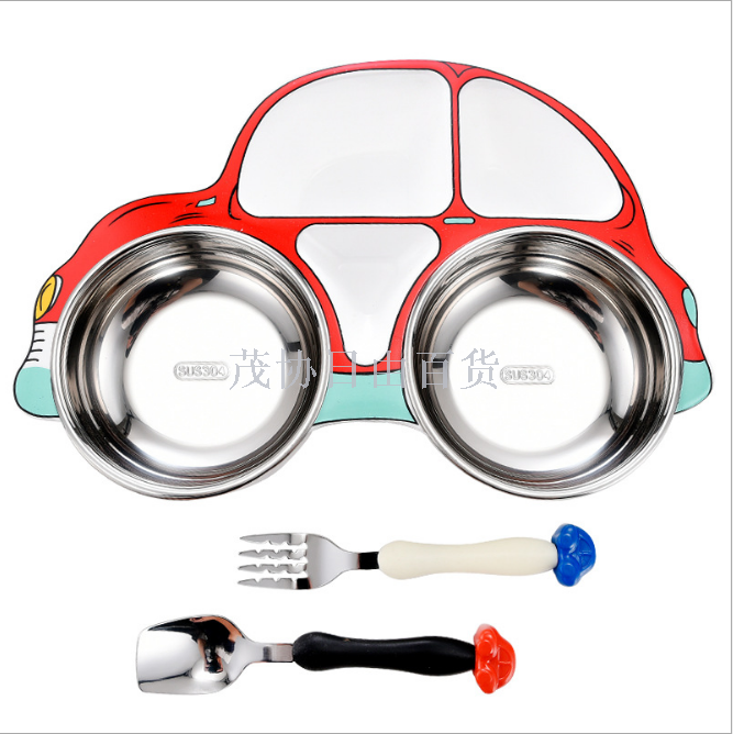 304 stainless steel children's car dinner plate, fork, spoon, compartment bowl three-piece set gift box, car dealership 4S store gift details Picture