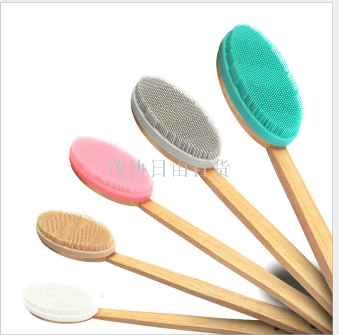 Hot style silica gel bath brush soft bristle massage silica gel bath brush oak long handle scrub back bath flower bath brush