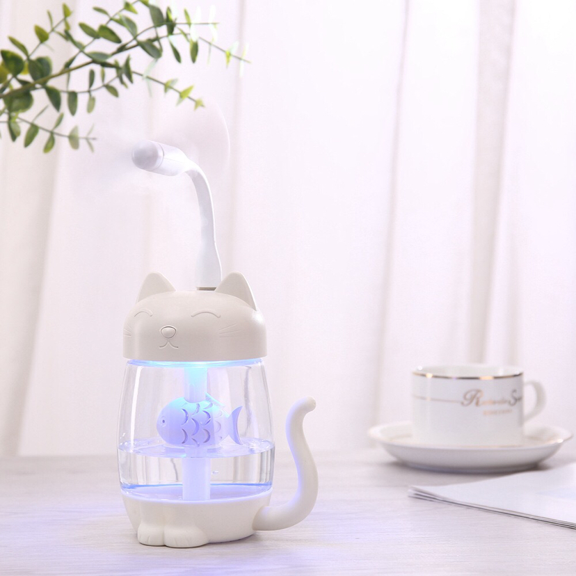 义乌好货 猫咪加湿器 加湿器七彩灯加湿器风扇加湿器两用白底实物图