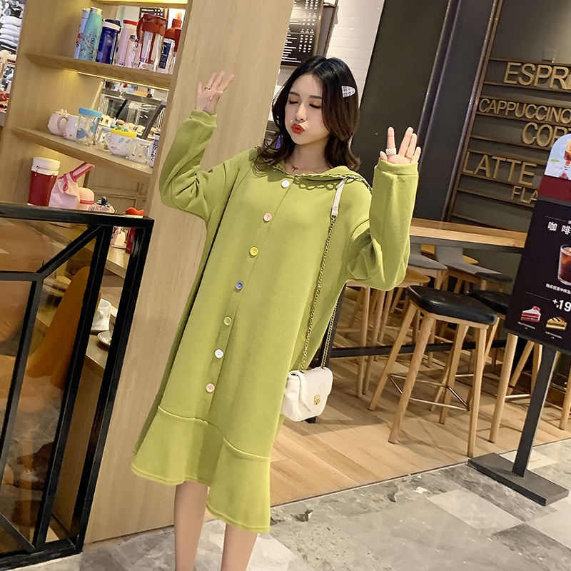 孕妇装2020秋季新款宽松舒适牛油果绿流行很仙大码桔梗连衣裙产品图