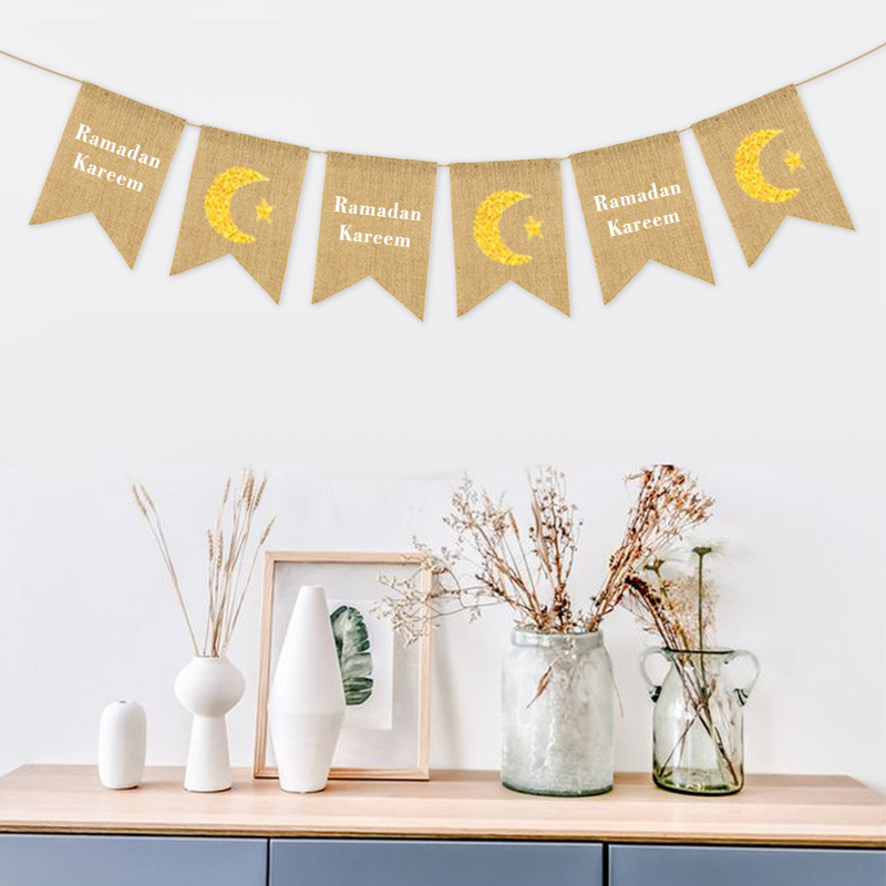 Muslim Decoration For Ramadan Ramadan Kareem Moon Stars Linen Dovetail Flag details Picture