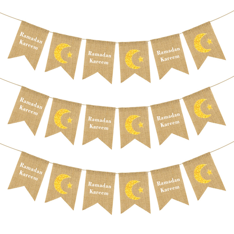 Muslim Decoration For Ramadan Ramadan Kareem Moon Stars Linen Dovetail Flag Application Scenario