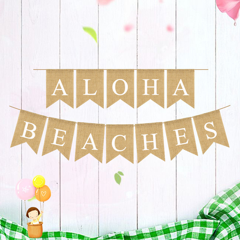 夏威夷派对装饰拉花鱼尾旗串旗ALOHA BEACHES麻布燕尾拉旗