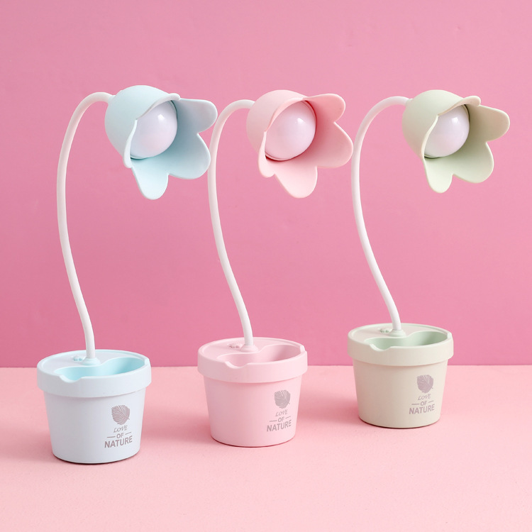 护眼书桌充电式台灯 学生宿舍北欧卧室LED床头灯 花朵盆栽小夜灯