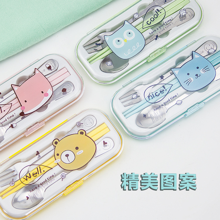 Stainless steel tableware three-piece cartoon tableware box for travel Spoon fork chopsticks portable tableware Application Scenario