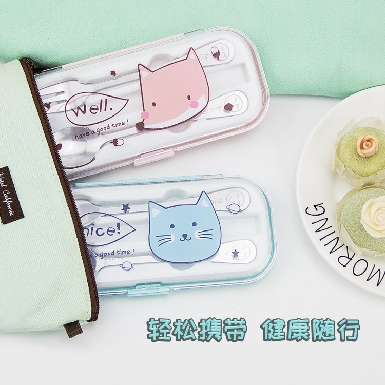 Stainless steel tableware three-piece cartoon tableware box for travel Spoon fork chopsticks portable tableware details Picture
