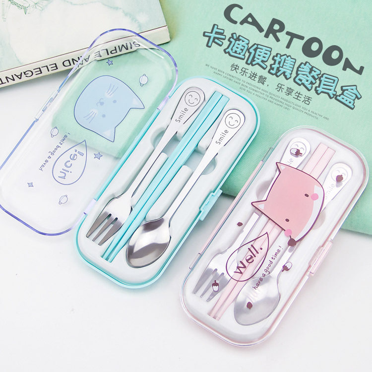 Stainless steel tableware three-piece cartoon tableware box for travel Spoon fork chopsticks portable tableware full figure