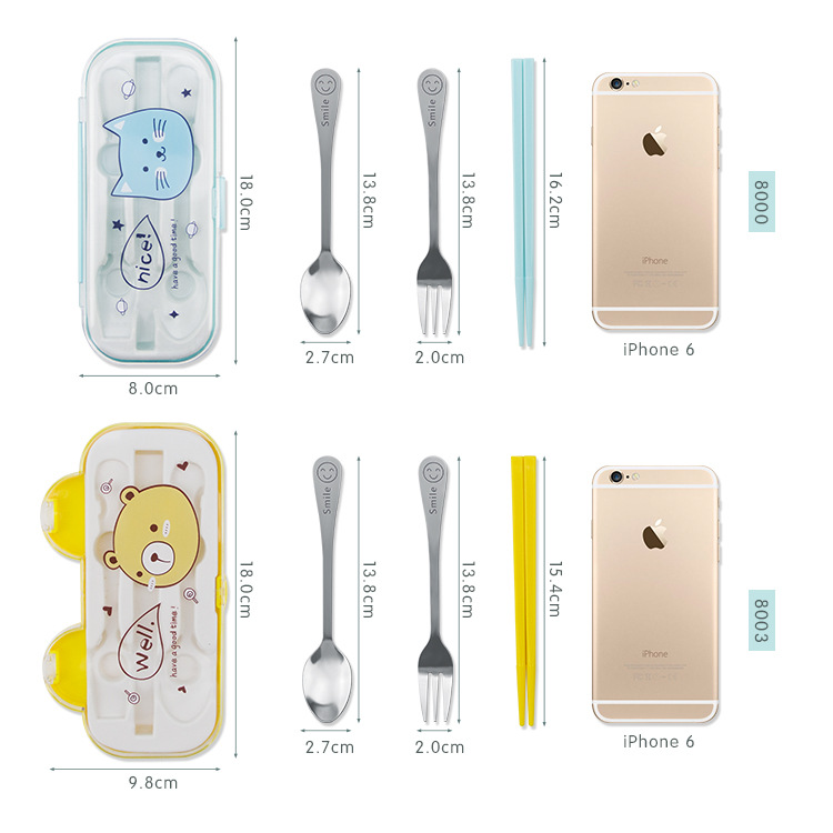 Stainless steel tableware three-piece cartoon tableware box for travel Spoon fork chopsticks portable tableware Item Picture