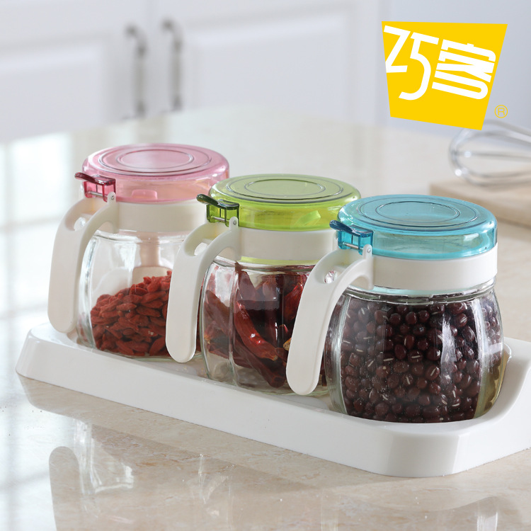 Three diamond glass seasoning jar Glass seasoning jar set thumbnail