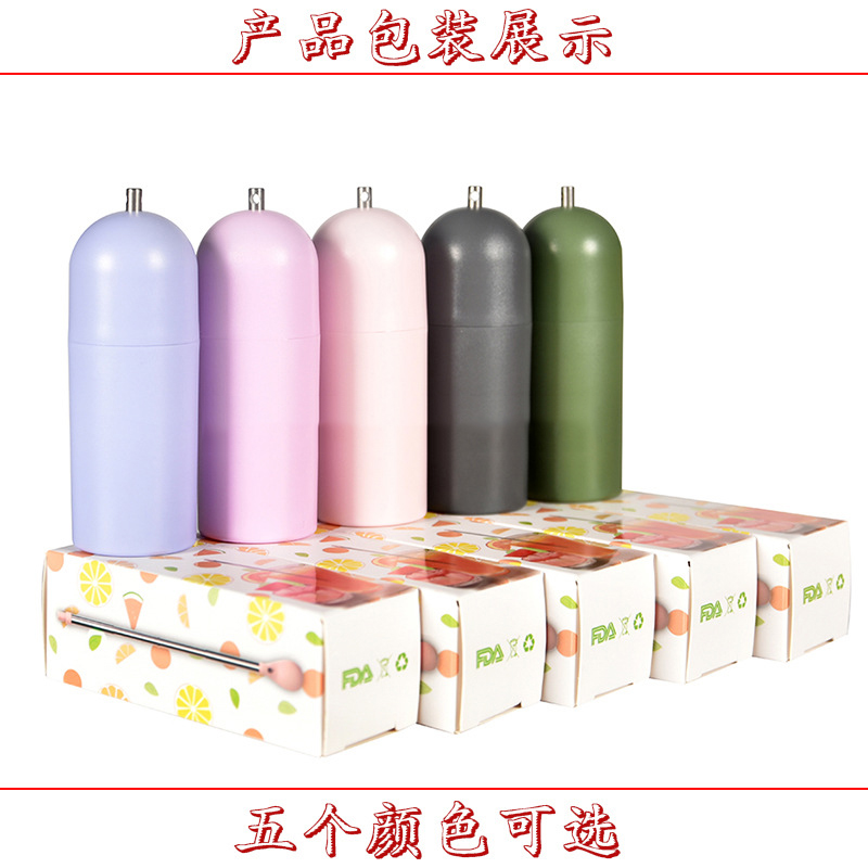 Portable telescopic straw, stainless steel straw, folding straw, silicone straw spoon, two-in-one folding straw spoon, available in multiple colors, reusable, environmentally friendly, detachable rubber straw, straw mouth Item Picture