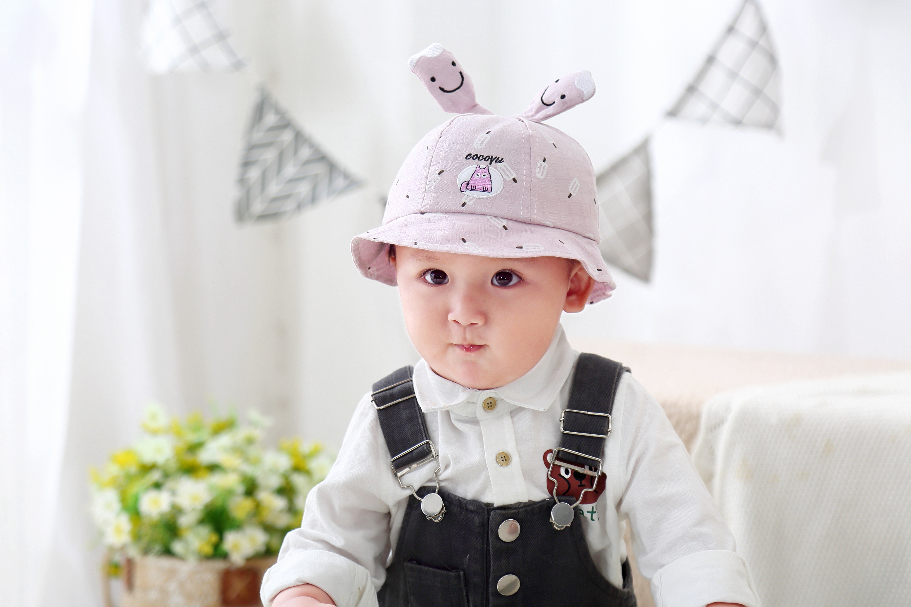 Baby caps, infant caps, children's caps, Popsicle flower caps, vertical ear cartoon basin caps details Picture