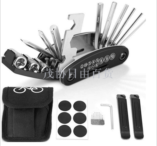 Bicycle repair combination tool 16-in-one mountain and road bike multi-functional folding repair and tire patching wrench set