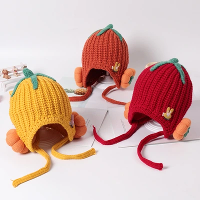 Cartoon pumpkin and rabbit pattern decorated children's hat, 2-6-year-old baby knitted hat with striped pom-pom, Korean version versatile thumbnail