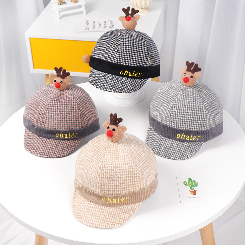 Cartoon small animal checkered soft eave cap autumn and winter new 1-3 year old baby hat Korean version of children's hat wholesale thumbnail