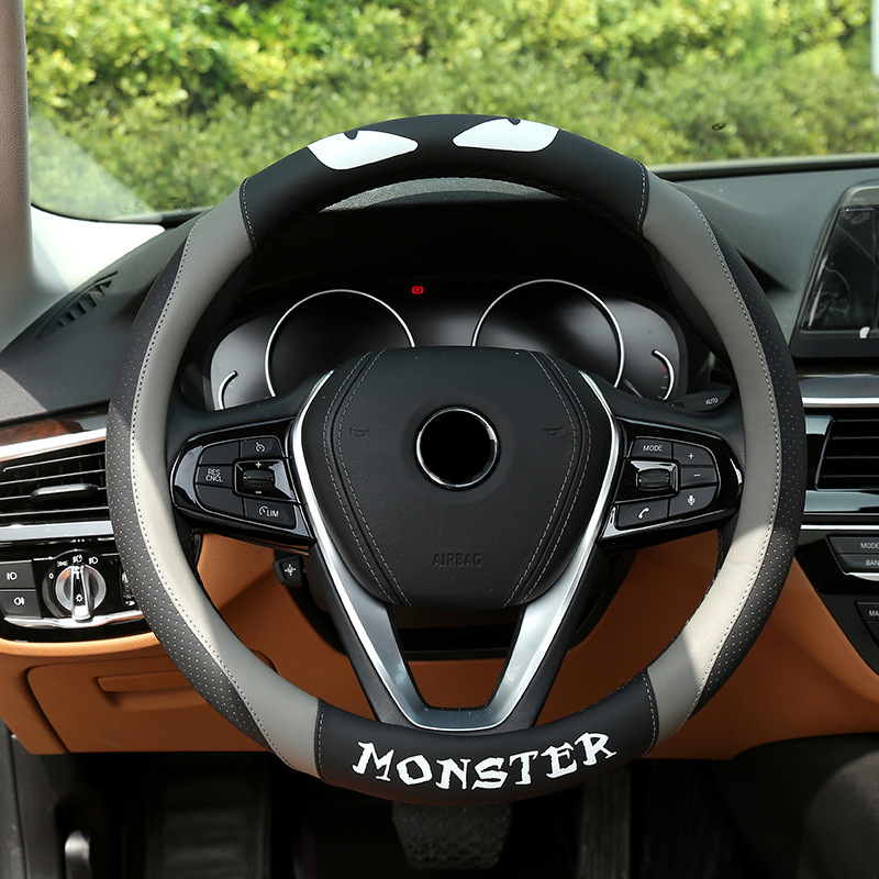新款拼色皮革方向盘套防滑印花手把套轿车盘套四季通用外贸批发