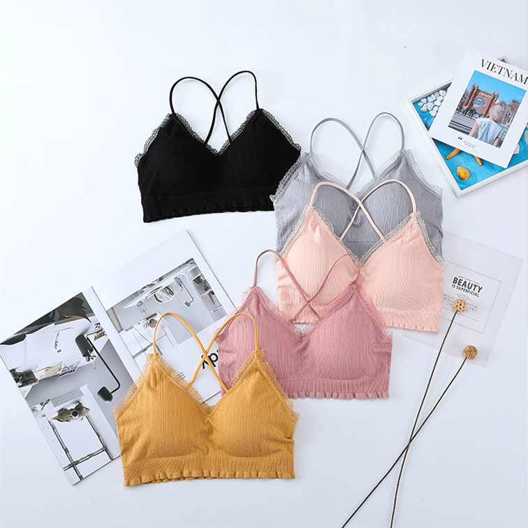 One - piece seamless single - cross non - ribbed sport back lace side wipe chest anti - glitter strap bottom chest wrap full figure