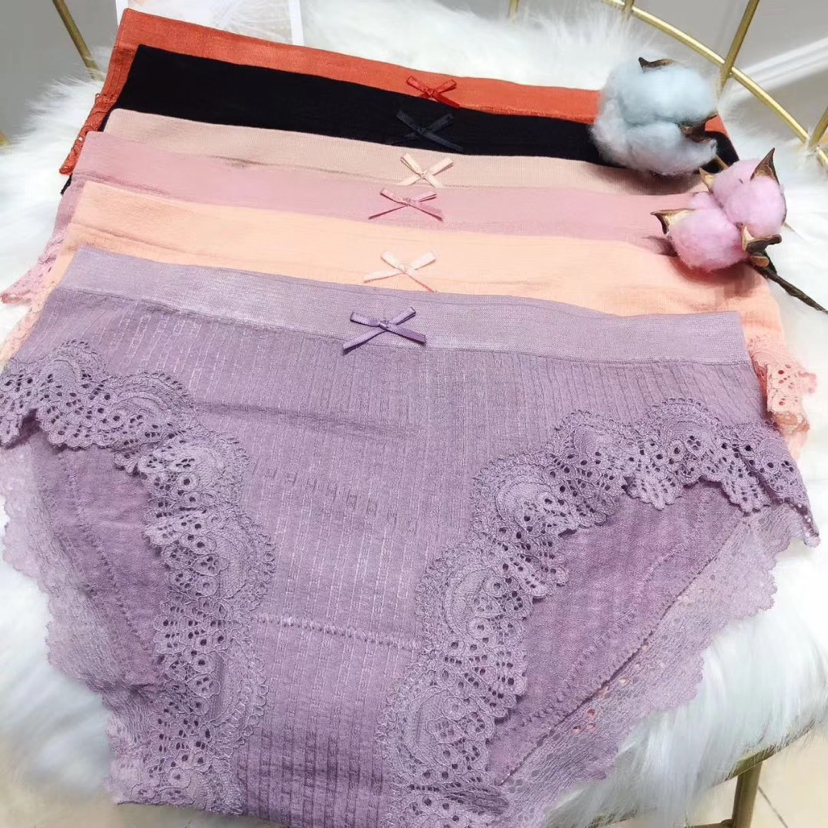 2.0火烈鸟二代5条礼盒装女士内裤中腰无痕蕾丝花边条纹三角裤棉裆白底实物图