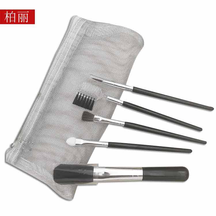 Wholesale carry 5 makeup brush sets animal hair makeup brush plastic rod with gray mesh bag set