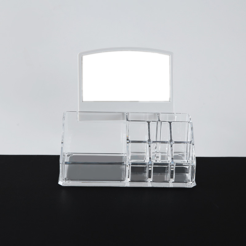 Transparent cosmetic box at home dressing table desktop skincare shelf with mirror lipstick finishing box