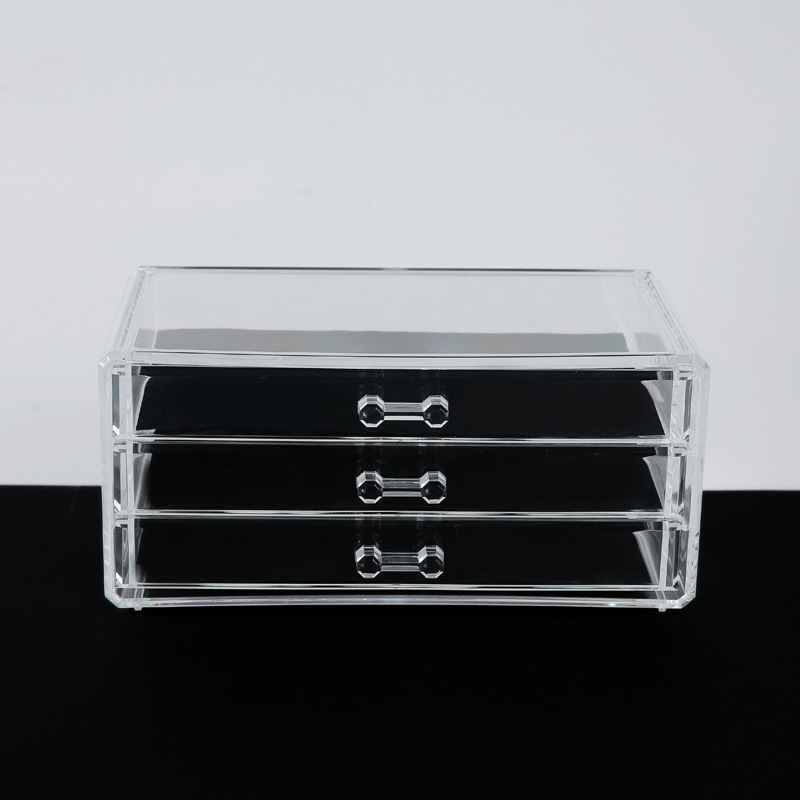 Factory direct sales of plastic transparent multi-functional cosmetic box, anti-slip drawer-type cosmetic desktop storage box with three layers. Specification image