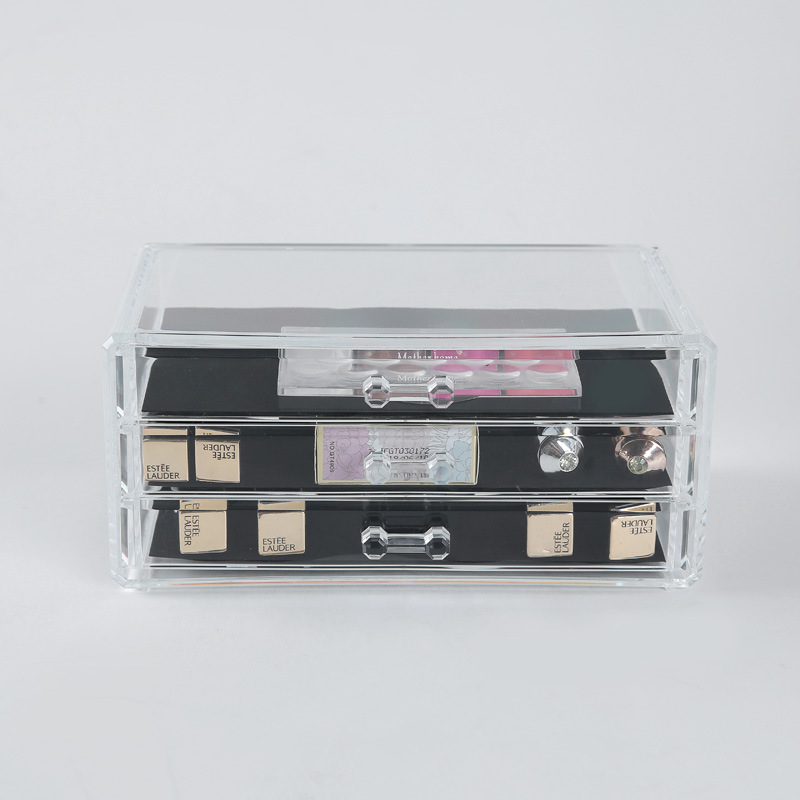Factory direct sales of plastic transparent multi-functional cosmetic box, anti-slip drawer-type cosmetic desktop storage box with three layers. Application Scenario