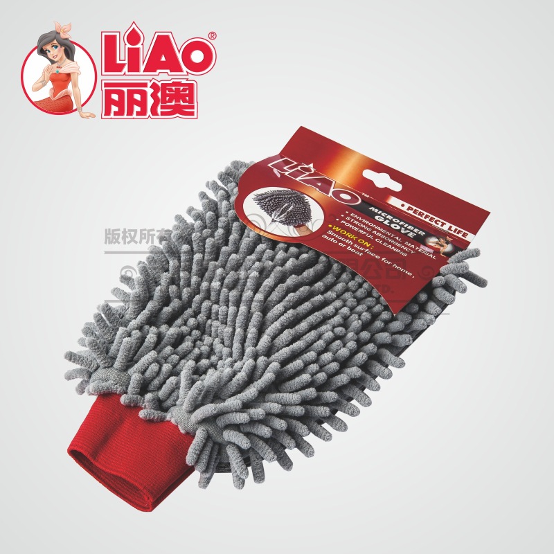 丽澳/LIAO雪尼尔手套擦车 柔软吸水除尘不伤车漆面珊瑚虫手套批发
