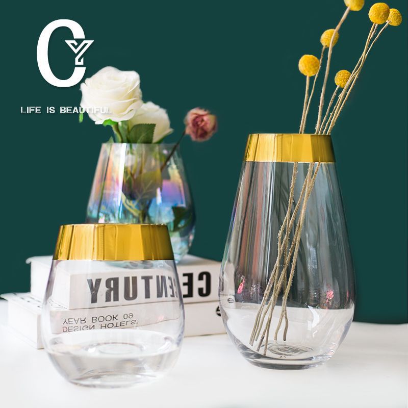 现代简约轻奢高筒水晶玻璃金边花瓶离子镀炫彩圆筒状客厅装饰花插
