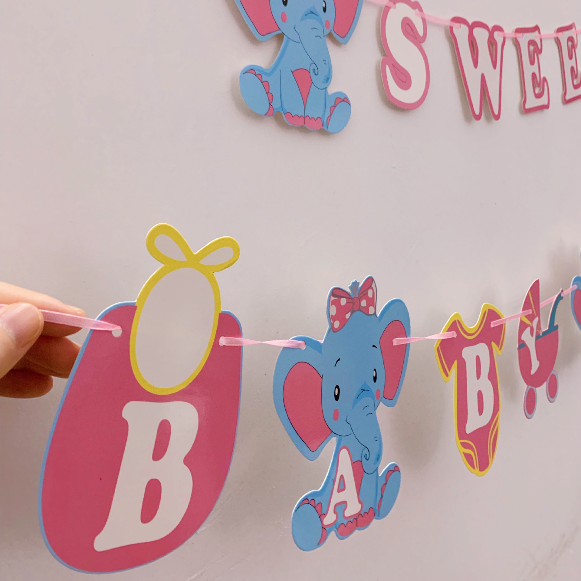 性别揭秘派对 it's a boy男孩女孩纸旗横幅 大象小象生日派对拉旗细节图