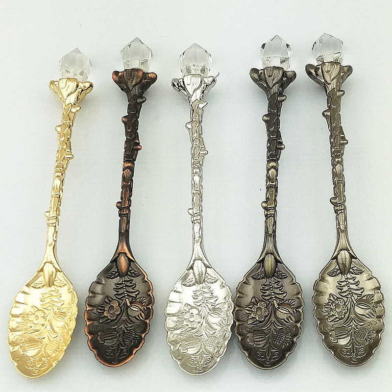 Vintage carved crystal headwork alloy small spoon Coffee spoon Cake spoon Soup spoon coffee stir spoon set