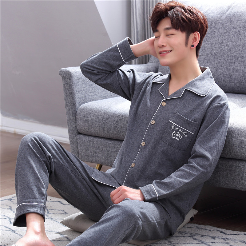 New spring pajamas for men, pure cotton long-sleeved cardigan, lapel long pants, casual and simple all-cotton home wear set details Picture