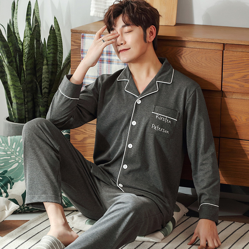 New spring pajamas for men, pure cotton long-sleeved cardigan, lapel long pants, casual and simple all-cotton home wear set Application Scenario