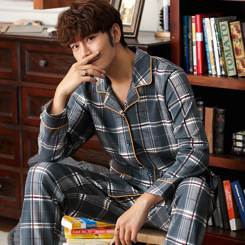 New spring pajamas for men, pure cotton long-sleeved cardigan, lapel long pants, casual and simple all-cotton home wear set Specification image