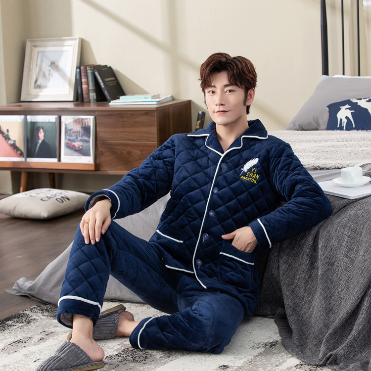 Men's winter thickened and fleece three-layer cotton coral fleece warm autumn and winter flannel youth home wear