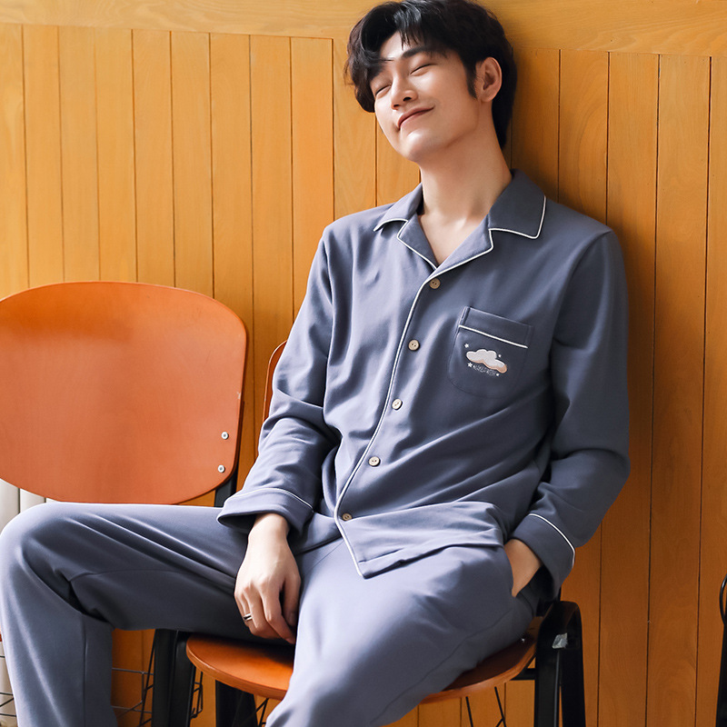 Pajama men Spring and autumn pure cotton long-sleeved plus-size fashionable pajama Men autumn and winter all-cotton men's home wear set