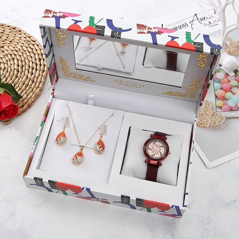 抖音爆款女士石英表项链耳钉三件套圣诞节礼物送女友创意实用套装