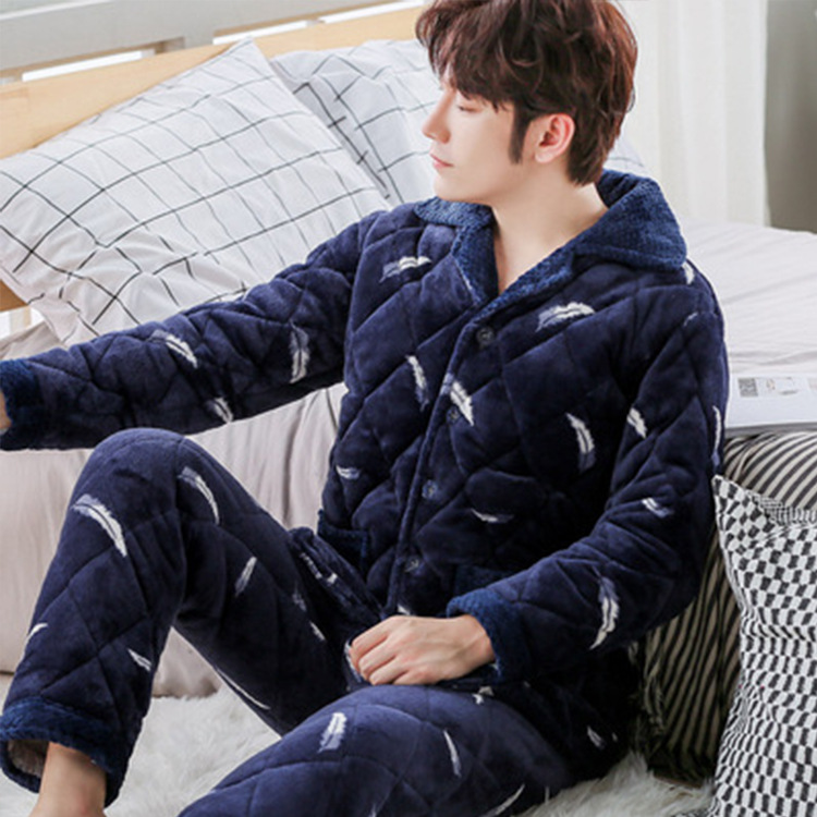 Men's winter thickened and fleece three-layer cotton coral fleece warm autumn and winter flannel youth home wear Item Picture