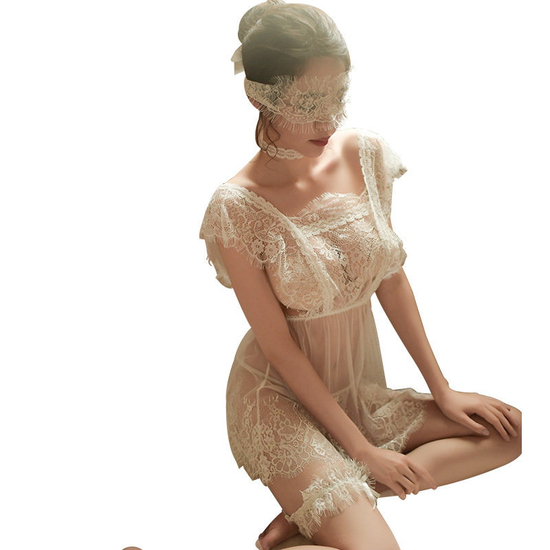 霏慕情趣内衣女式睫毛蕾丝透视诱惑性感露背睡衣睡裙套装外贸7778白底实物图
