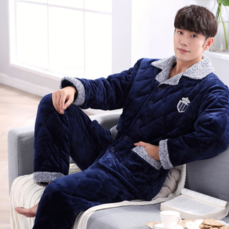 Men's winter thickened and fleece three-layer cotton coral fleece warm autumn and winter flannel youth home wear details Picture