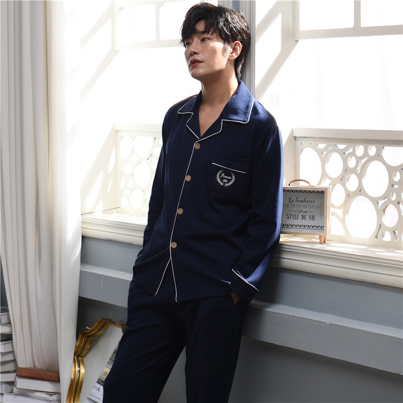 New spring pajamas for men, pure cotton long-sleeved cardigan, lapel long pants, casual and simple all-cotton home wear set