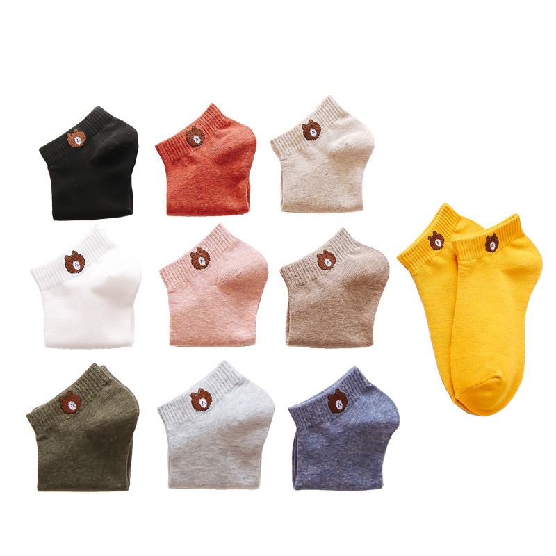 袜子女日系小熊船袜纯色女短筒袜棉袜薄款隐形女地摊袜厂家批发白底实物图