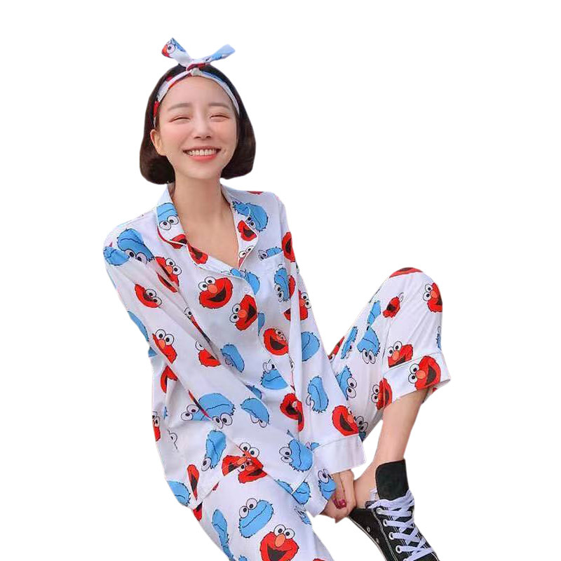 睡衣女春秋季韩版长袖开衫卡通休闲加大码睡衣女士秋冬家居服套装白底实物图