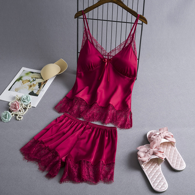 新品睡衣女冰丝性感吊带短裤两件套装仿真丝家居服情趣一件代发细节图