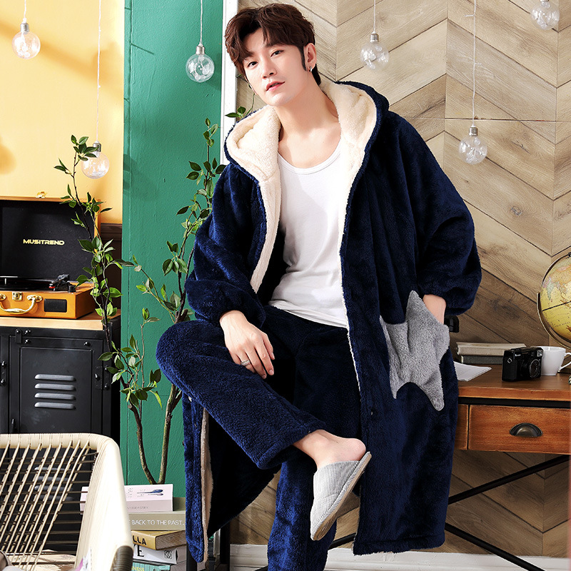 Pajamas for men, winter flannel home wear, autumn and winter thickened coral fleece mid-length bathrobe and trousers home wear set Specification image