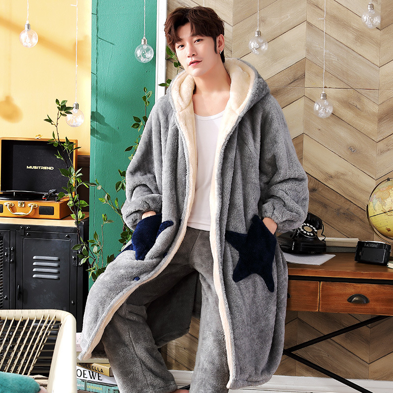 Pajamas for men, winter flannel home wear, autumn and winter thickened coral fleece mid-length bathrobe and trousers home wear set