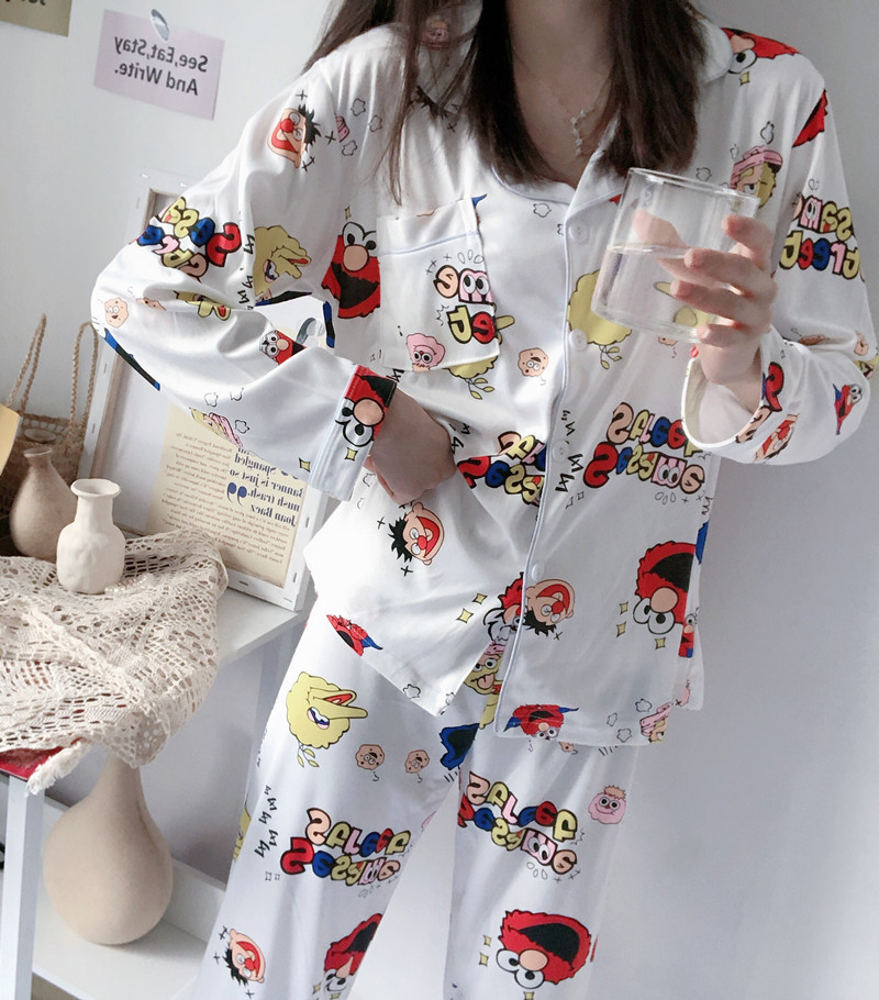 睡衣女春秋季韩版长袖开衫卡通休闲加大码睡衣女士秋冬家居服套装产品图
