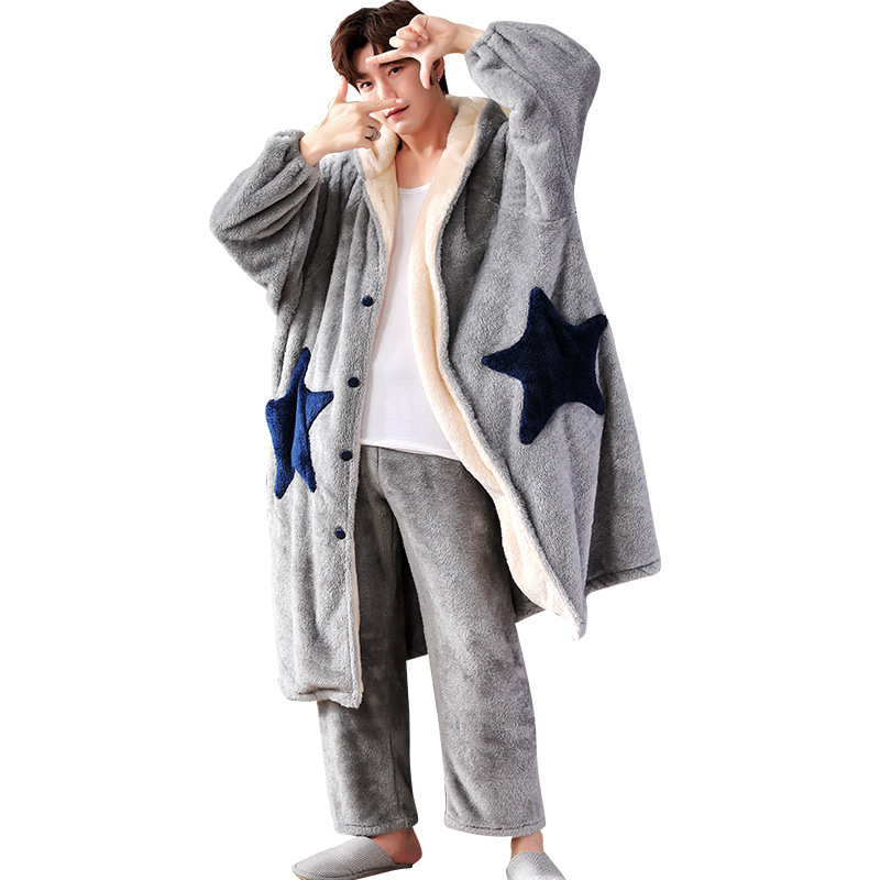 Pajamas for men, winter flannel home wear, autumn and winter thickened coral fleece mid-length bathrobe and trousers home wear set Item Picture
