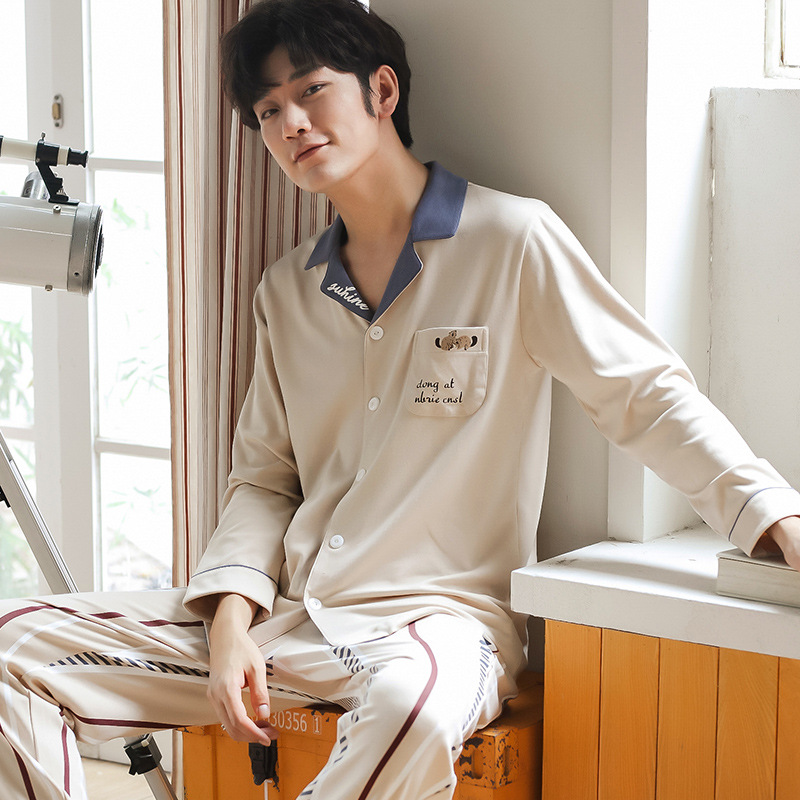 Pajama men Spring and autumn pure cotton long-sleeved plus-size fashionable pajama Men autumn and winter all-cotton men's home wear set Specification image