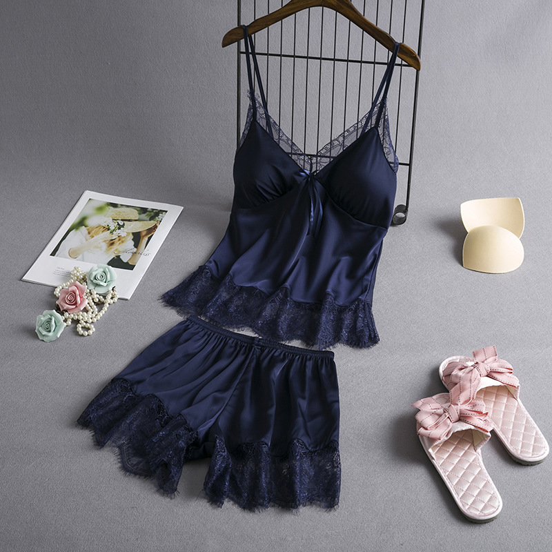 新品睡衣女冰丝性感吊带短裤两件套装仿真丝家居服情趣一件代发产品图